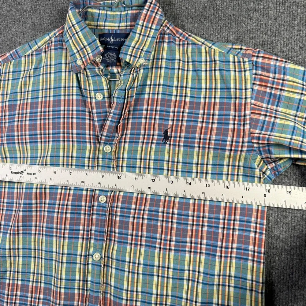 Ralph Lauren Plaid Button Down Boys Size M 12-14 Multi Color Short Sleeve Pony